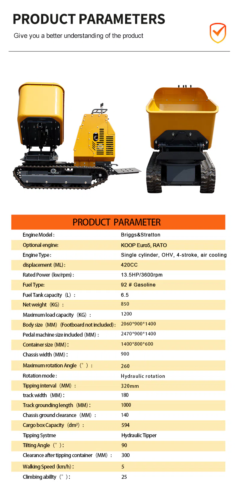 Mini Crawler Dumper with 180° Hydraulic Dumping Function Parameters-HIGHTOP.webp