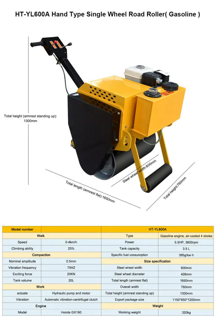 Mini Road Roller HT-YL600A With Compact Compaction Parameters