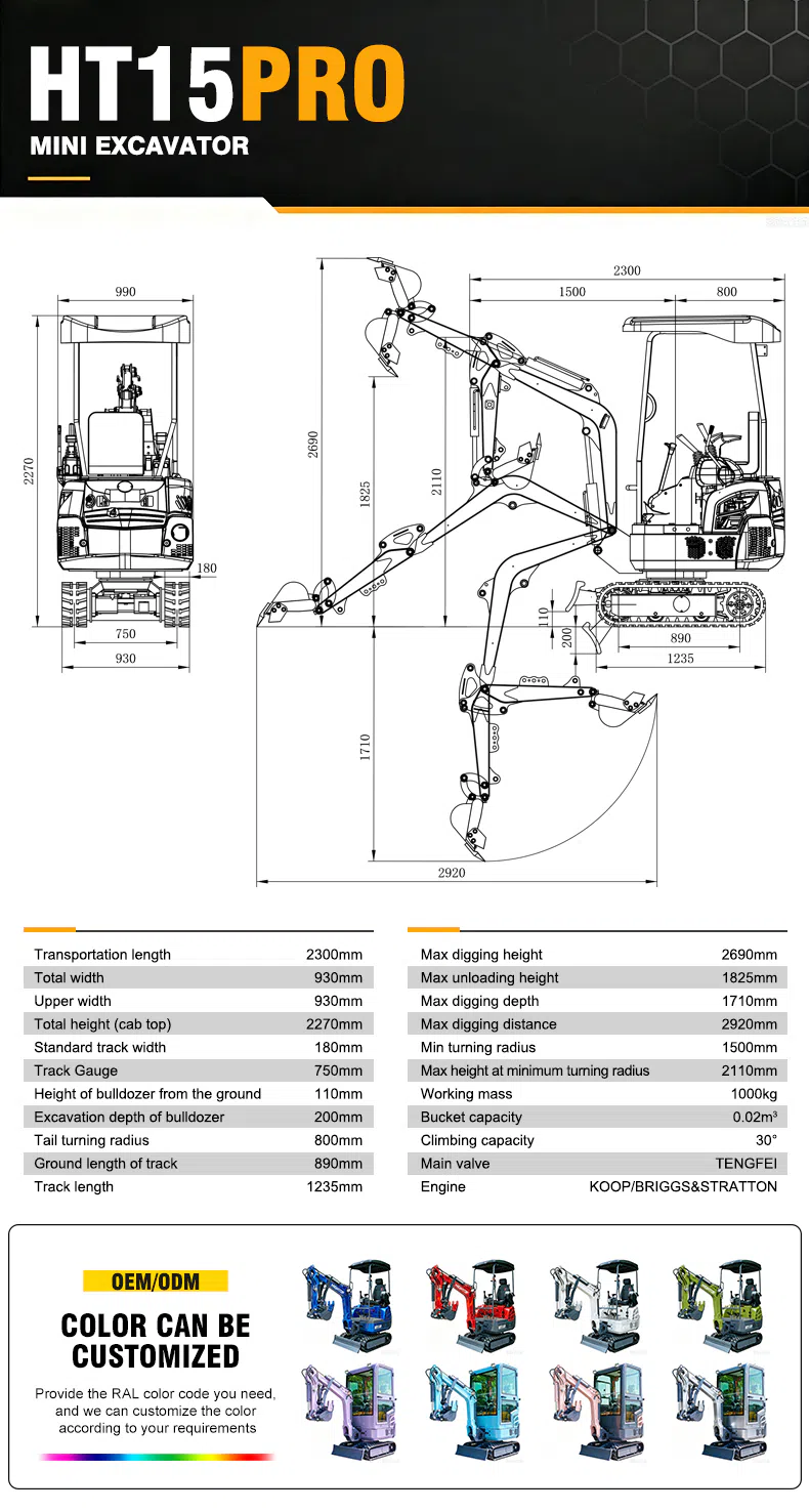 1.5 Ton Hightop Mini Excavator HT15Pro Parameters.webp