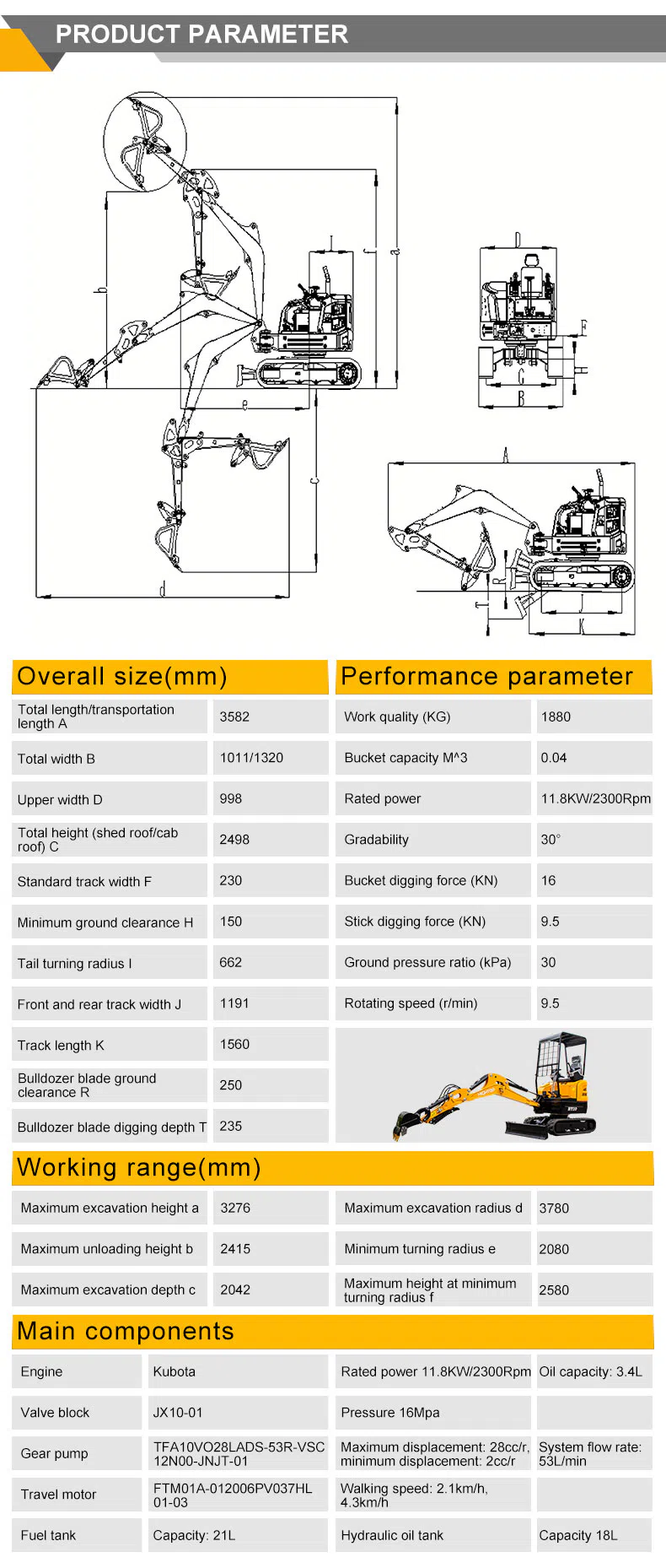 Mini Excavator 2 Ton With Variable Piston Pump Product Parameters.webp