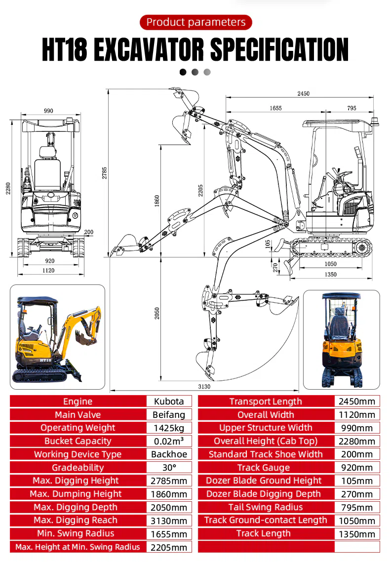 Mini Excavator Ht18 1.8 Ton Customizable Configuration Technical Specifications-hightop .webp